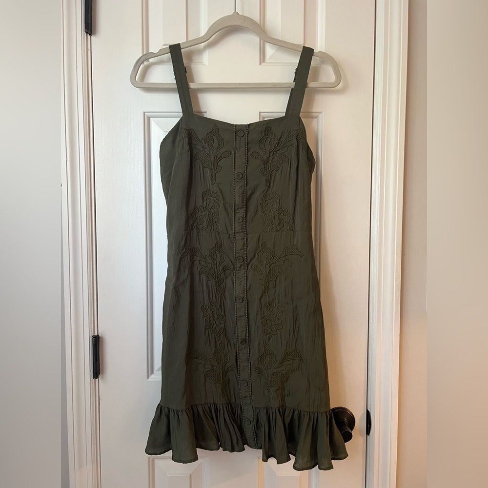Anthropologie - Olive green mini dress with ruffles